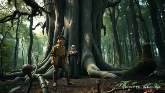 Mystical Forest: Boy and Woman Amidst Ancient Trees – AI Generated Video | Hailuo AI