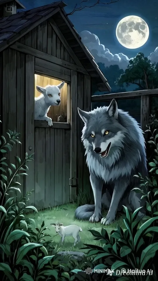 Cunning Wolf Stealthily Approaches Vigilant Lamb Under Enchanted Moon – AI Generated Video | Hailuo AI