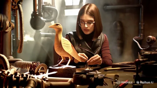 Retro Steampunk Workshop: Woman Crafting Mechanical Bird – AI Generated Video | Hailuo AI
