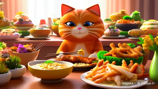 Anthropomorphic Cat Delights in Aesthetic Feast – AI Generated Video | Hailuo AI