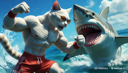 Muscular Cat Fights Massive Shark in Dynamic Ocean Battle – AI Generated Video | Hailuo AI