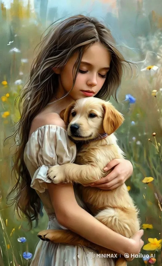 Girl and Puppy Embrace in Flowery Meadow – AI Generated Video | Hailuo AI