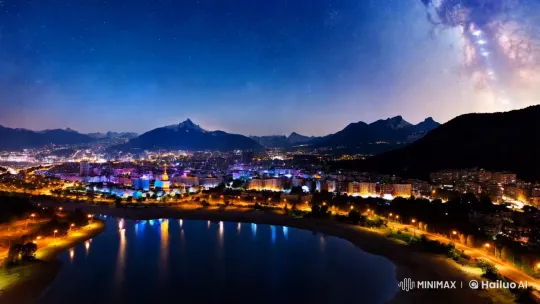 Night City Awaits: Urban Lights Meet Celestial Majesty – AI Generated Video | Hailuo AI