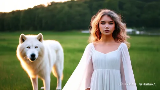 Magical Bond: Woman and White Wolf in Meadow – AI Generated Video | Hailuo AI