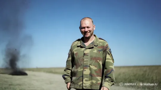 Resilient Man in Camouflage Amidst Explosion Chaos – AI Generated Video | Hailuo AI