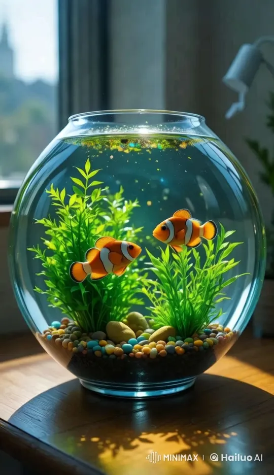 Tranquil Underwater World in a Sunlit Fishbowl – AI Generated Video | Hailuo AI