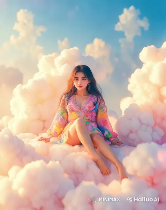 Model on Fluffy Clouds in Colorful Ethereal Scene – AI Generated Video | Hailuo AI