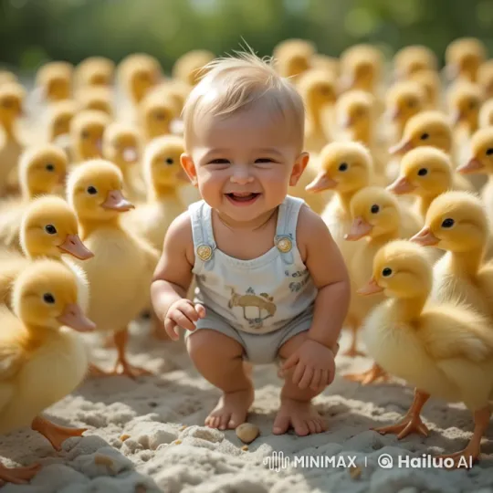 Boy Runs with Ducklings in Lush Greenery – AI Generated Video | Hailuo AI