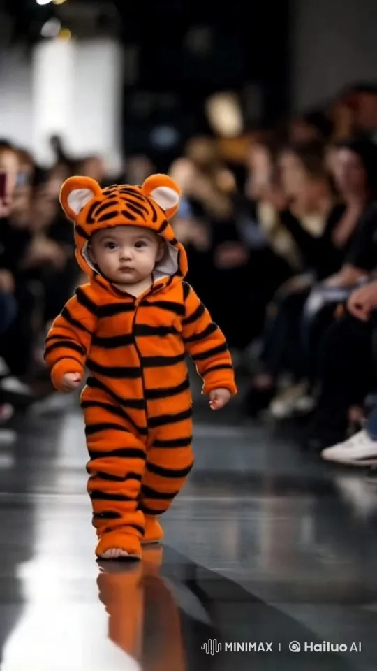 Child in Tiger Costume Struts on Fashion Runway – AI Generated Video | Hailuo AI