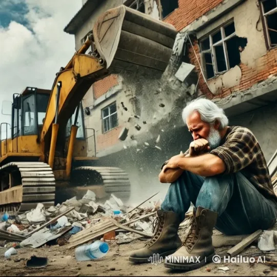 Elderly Man Cries Amidst Demolition Chaos – AI Generated Video | Hailuo AI