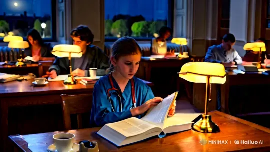 Medical Student Studies in Nocturnal Library Tranquility – AI Generated Video | Hailuo AI