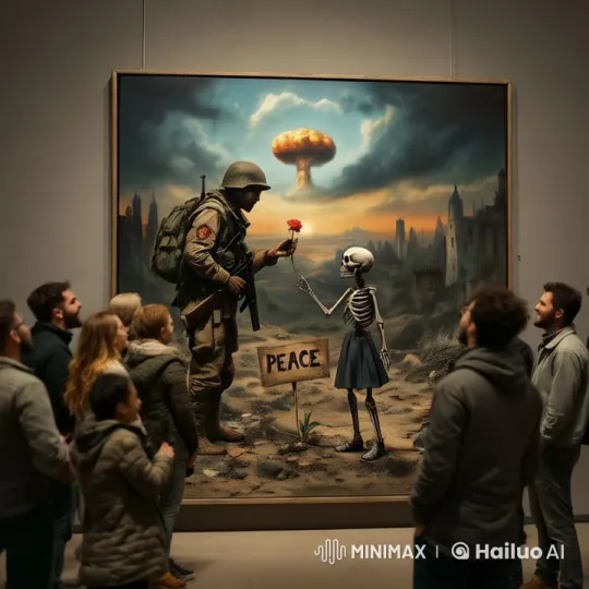 Art Gallery Scene with Peaceful Animated War Painting – AI Generated Video | Hailuo AI
