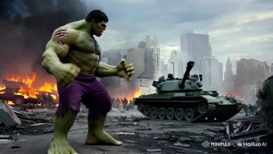 Hulk's Fury: Epic Clash Amidst Urban Destruction – AI Generated Video | Hailuo AI