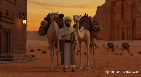 Arabic Man Leading Camels in Tranquil Desert Scene – AI Generated Video | Hailuo AI