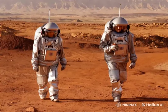 Astronauts Explore Majestic Martian Landscape in Aesthetic Video – AI Generated Video | Hailuo AI