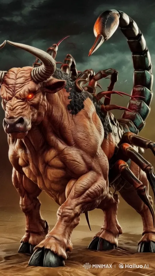 Hybrid Bull-Scorpion Creature in Stormy Desert Tracking Shot – AI Generated Video | Hailuo AI