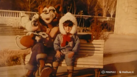 Child and Costumed Characters in Nostalgic Park Scene – AI Generated Video | Hailuo AI