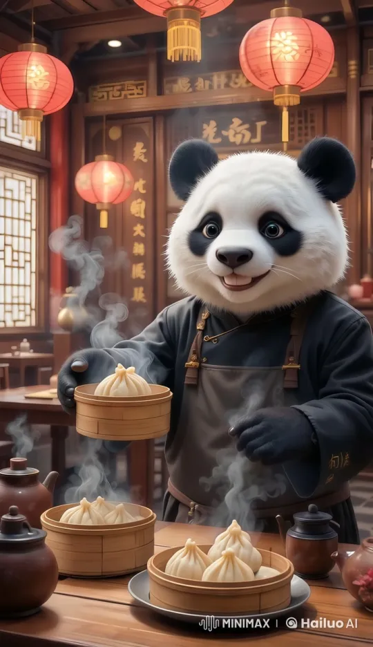 Panda Chef Preparing Steaming Dumplings in Chinese Restaurant – AI Generated Video | Hailuo AI