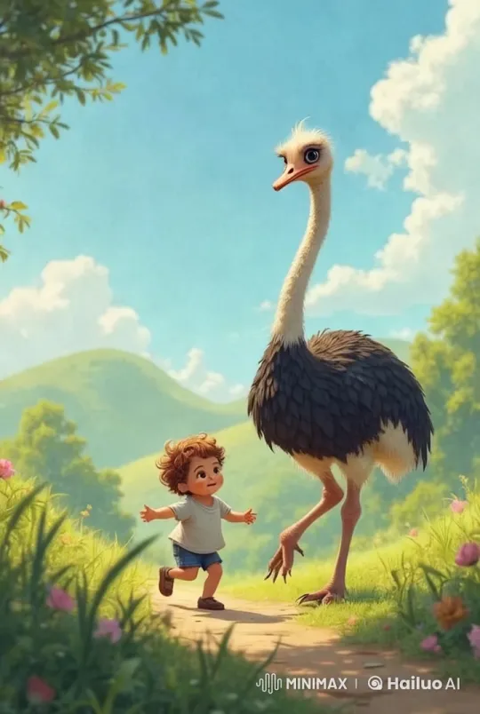 Boy and Ostrich Enjoy Serene Meadow Walk – AI Generated Video | Hailuo AI