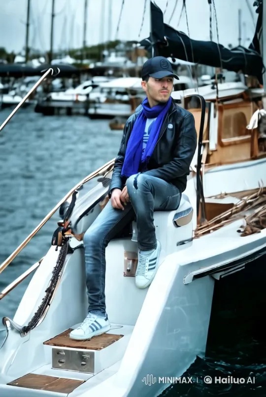 Stylish Man Relaxing on White Boat at Marina – AI Generated Video | Hailuo AI