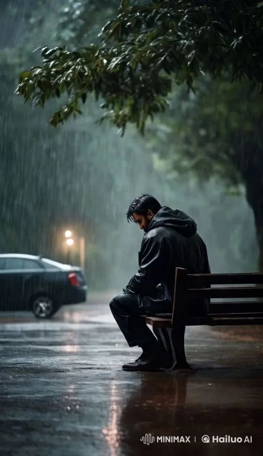 Contemplative Man on Bench Amidst Rainy Streetscape – AI Generated Video | Hailuo AI