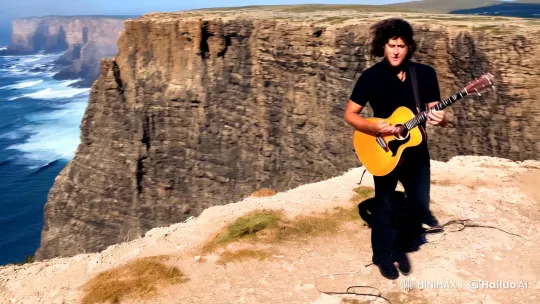 Passionate Guitarists Perform on Cliff Amidst Ocean's Majesty – AI Generated Video | Hailuo AI