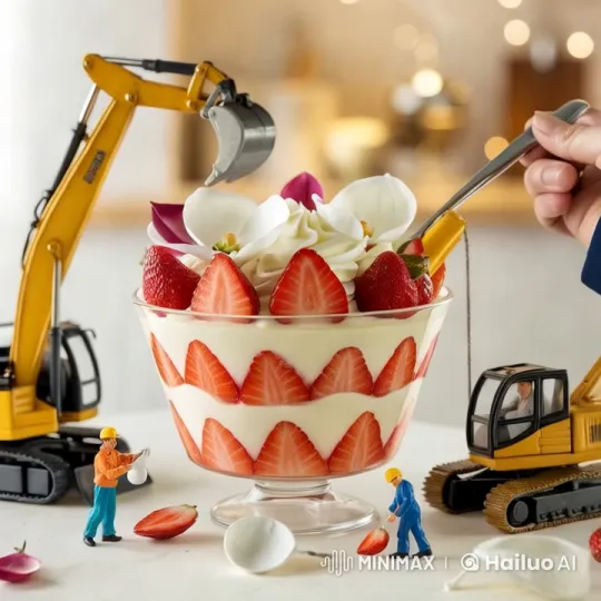 Miniature Construction Crew Prepares Dessert Masterpiece – AI Generated Video | Hailuo AI