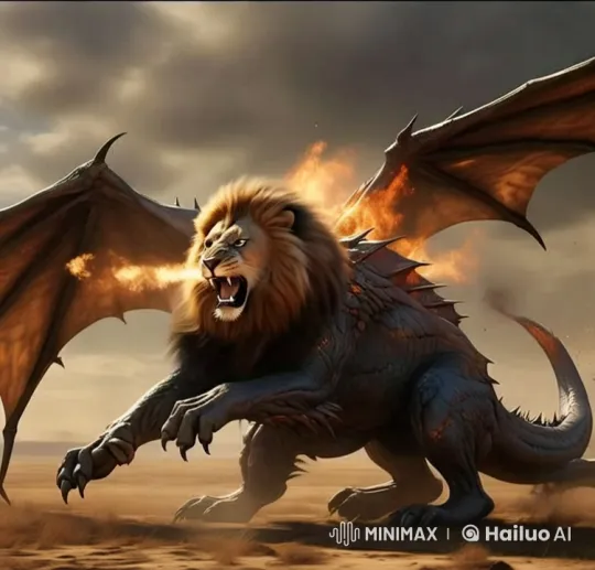 Fiery Dragon-Lion Roars in Desert Under Stormy Sky – AI Generated Video | Hailuo AI