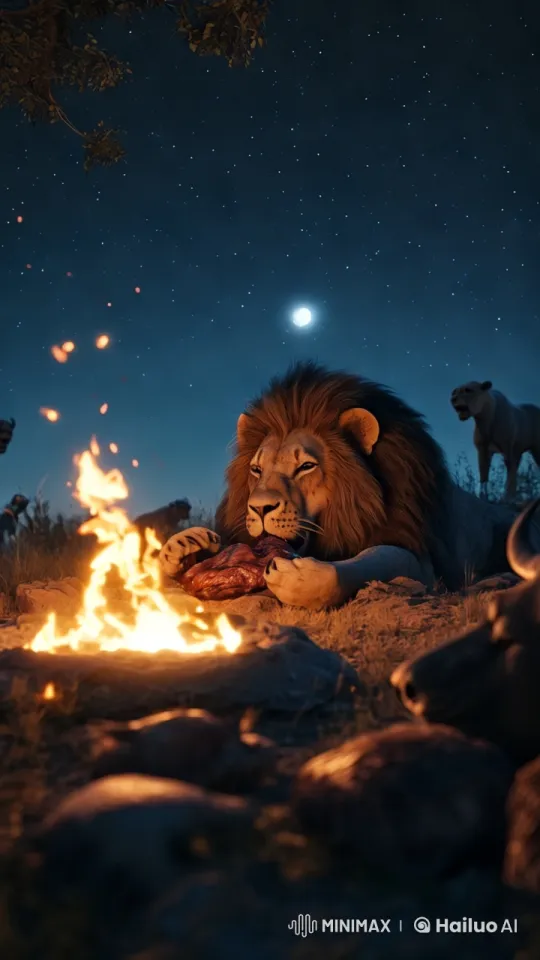 Lion Enjoying Meal by Fire Under Starry Night Sky – AI Generated Video | Hailuo AI