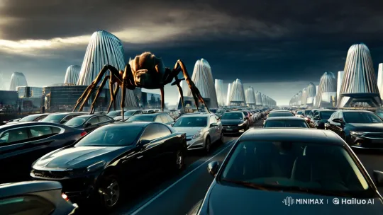 Colossal Tarantula Confronts Futuristic Cityscape – AI Generated Video | Hailuo AI