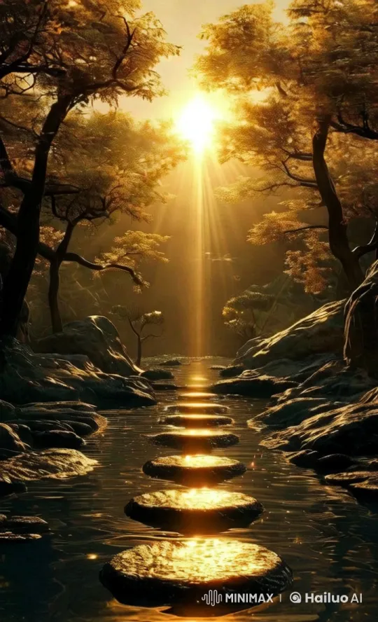 Tranquil River Walk: Sunlit Path of Stepping Stones – AI Generated Video | Hailuo AI