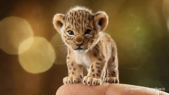 Tiny Majestic Lion Cub on Finger with Curious Gaze – AI Generated Video | Hailuo AI