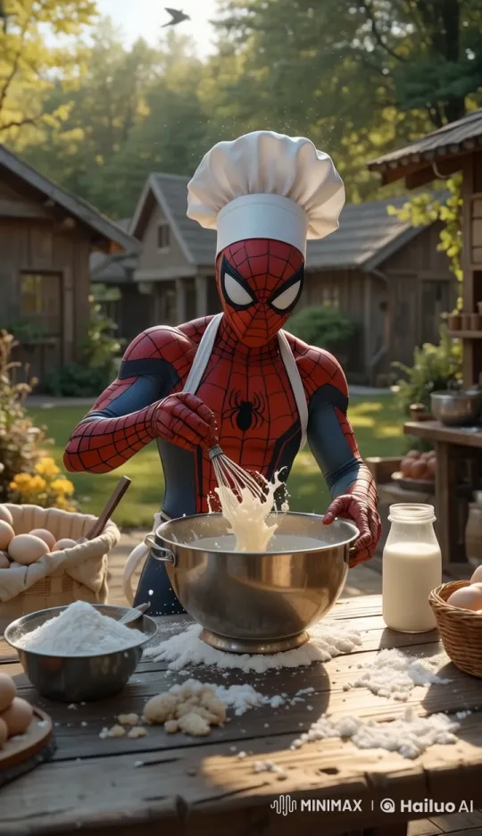 Anthropomorphic Spiderman Whisks Batter in Rustic Kitchen – AI Generated Video | Hailuo AI