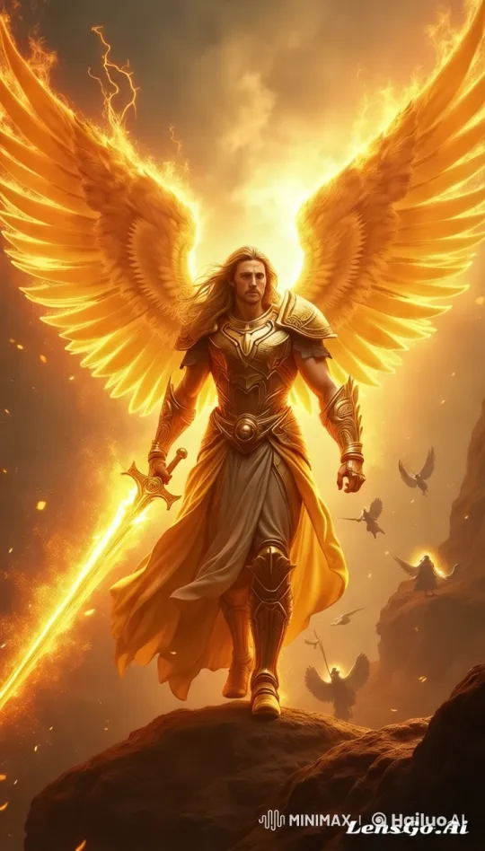 Michael the Archangel: Majestic and Radiant on Fiery Outcrop – AI Generated Video | Hailuo AI