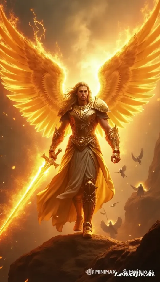 Angel Michael Stands Majestically with Fiery Aura – AI Generated Video | Hailuo AI