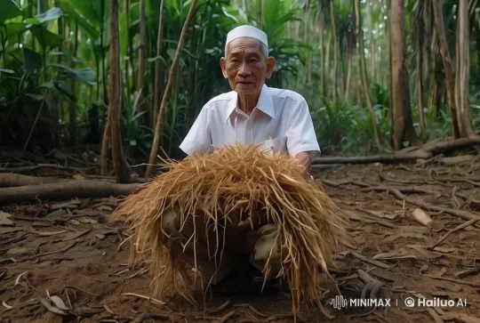 Elderly Man Engages with Straw in Serene Forest Setting – AI Generated Video | Hailuo AI