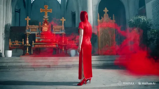 Red Smoke Possession: A Chinese Woman Transformed in a Sacred Space – AI Generated Video | Hailuo AI