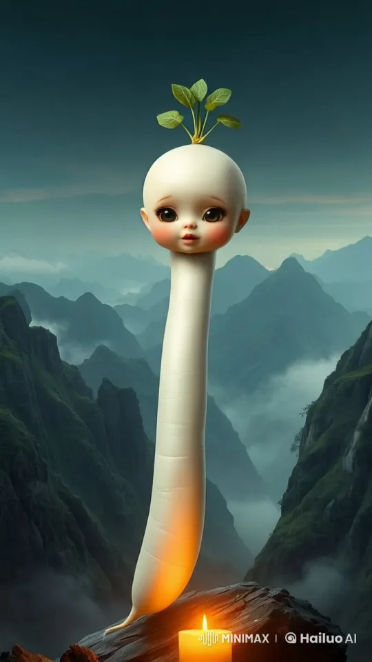 Anthropomorphic Radish Dances by Candlelight in Dusk Mountainscape – AI Generated Video | Hailuo AI