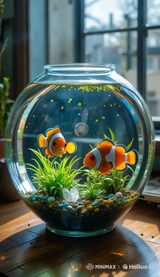 Peaceful Clownfish in a Sunlit Fishbowl – AI Generated Video | Hailuo AI