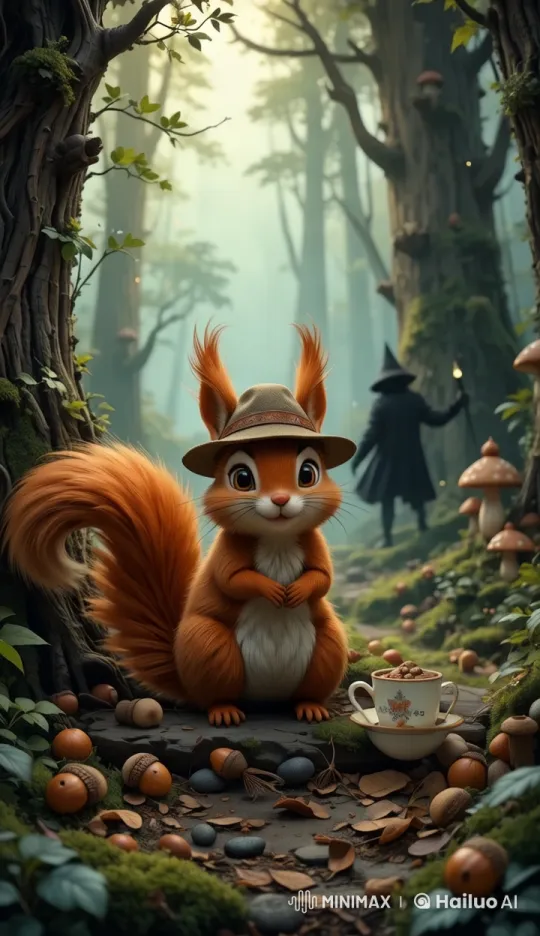 Enchanted Forest: Squirrel, Cloaked Figure, and Mystical Glow – AI Generated Video | Hailuo AI