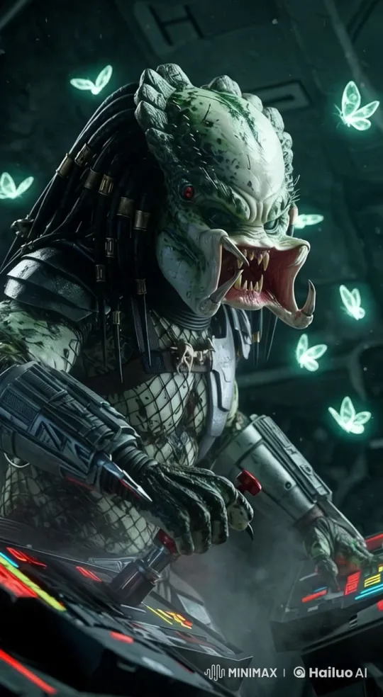 Predator Engages with Starship Controls Amidst Glowing Butterflies – AI Generated Video | Hailuo AI