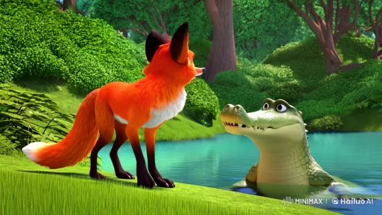 Cunning Fox Encounters Naive Crocodile in Forest Clearing – AI Generated Video | Hailuo AI