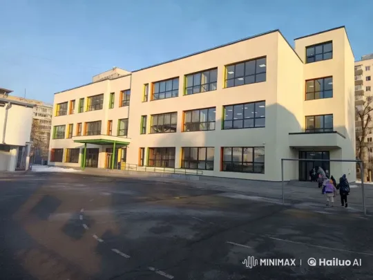 Modern School Building with Vibrant Entrance Activity – AI Generated Video | Hailuo AI
