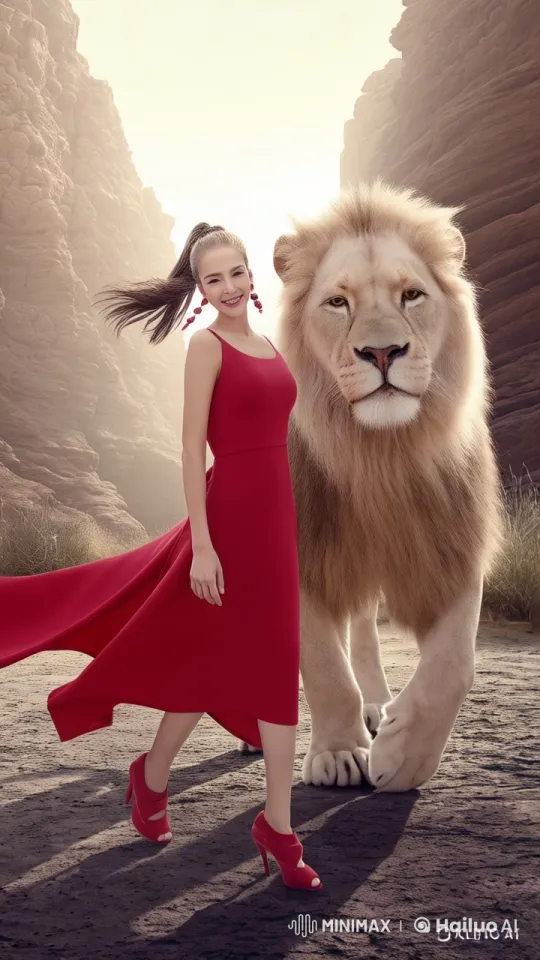 Woman and Lion Walk in Harmony in Live2D Animation – AI Generated Video | Hailuo AI