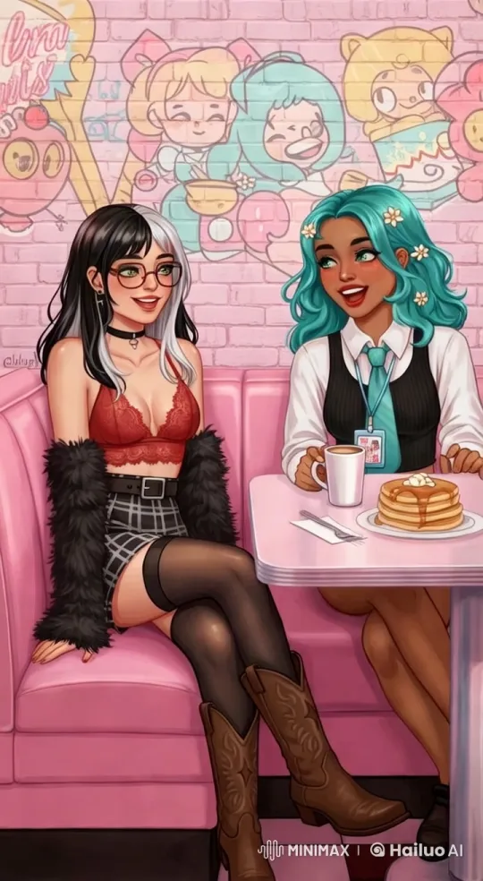 Retro Diner Scene: Two Women in Stylish Outfits – AI Generated Video | Hailuo AI