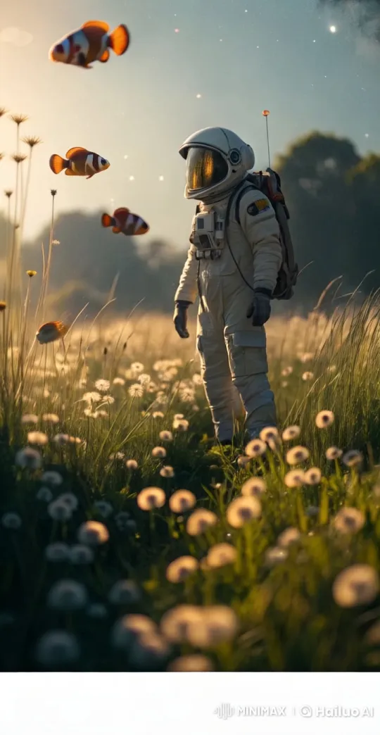 Astronaut in Dandelions with Hovering Clownfish – AI Generated Video | Hailuo AI
