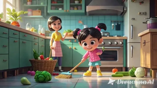 Little Girl Helps Mother, Cleans Kitchen with Joy – AI Generated Video | Hailuo AI