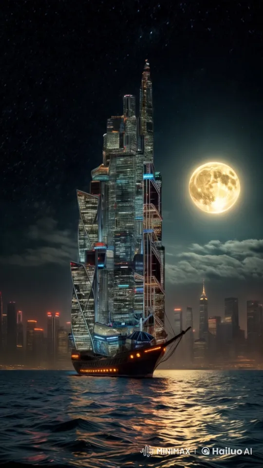 Futuristic Skyscraper Ship Glides Through Night Waters – AI Generated Video | Hailuo AI