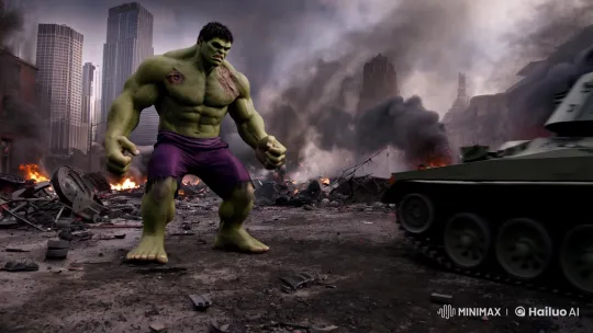 Hulk's Epic Stand in a Ruined Cityscape – AI Generated Video | Hailuo AI