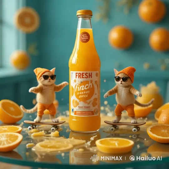 Orange Juice Advert with Skateboarding Cats – AI Generated Video | Hailuo AI